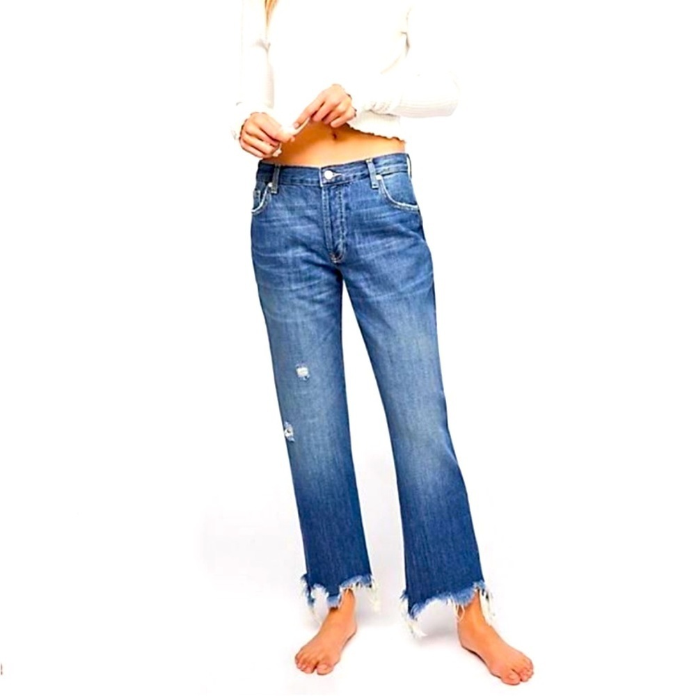 Free People We the Free Maggie Mid Rise Distressed Hem Straight Jeans Size 28